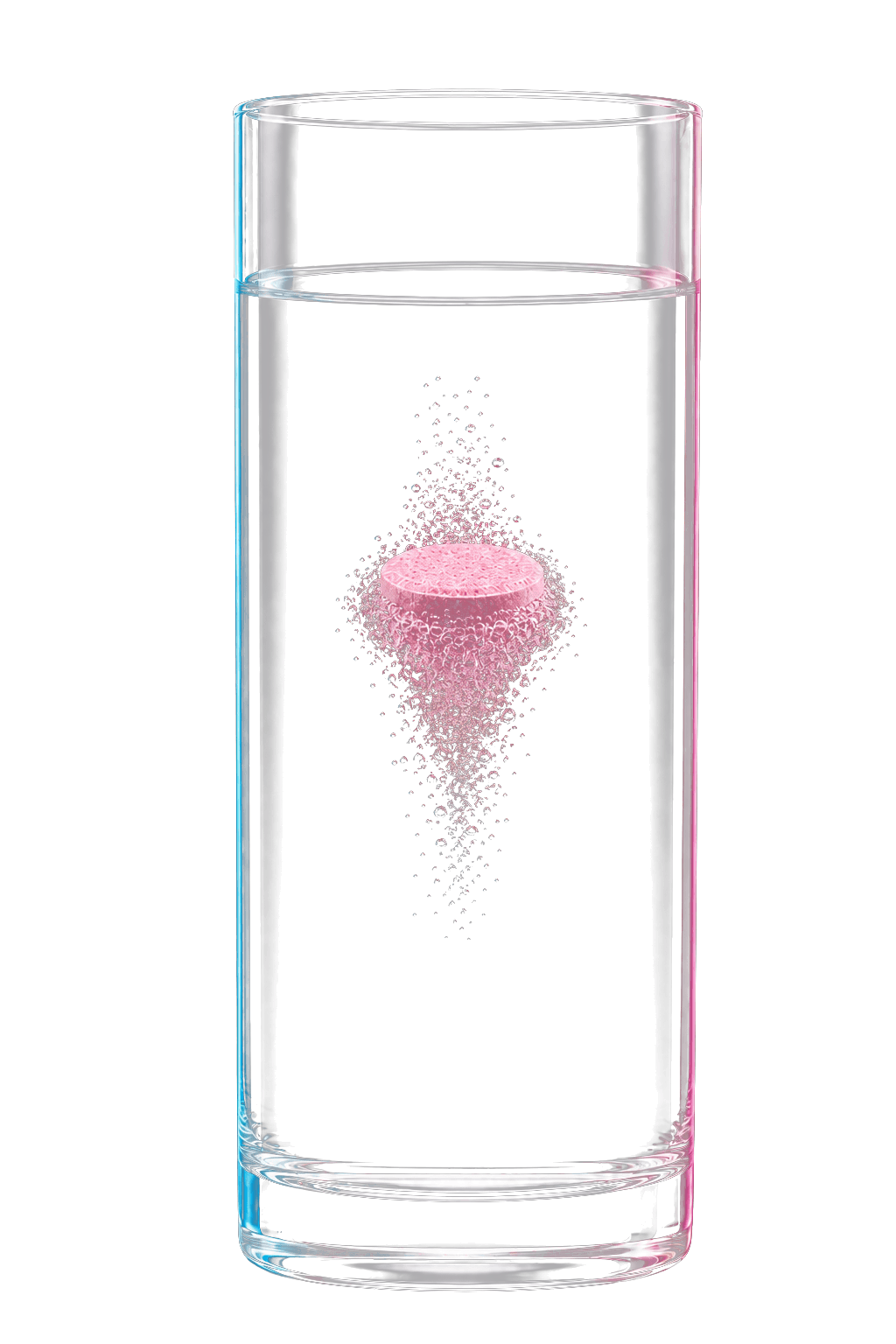 A round pink effervescent tablet dissolving beneath the surface of clear water